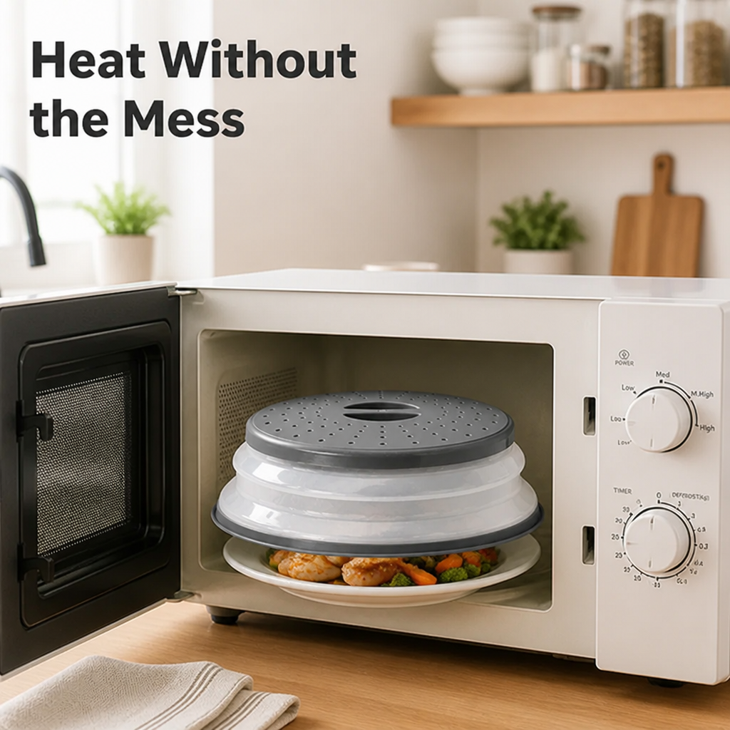 VivaShield™ 2-in-1 Collapsible Microwave Splatter Cover — Keep Your Microwave Spotless and Your Kitchen Clutter-Free Instantly