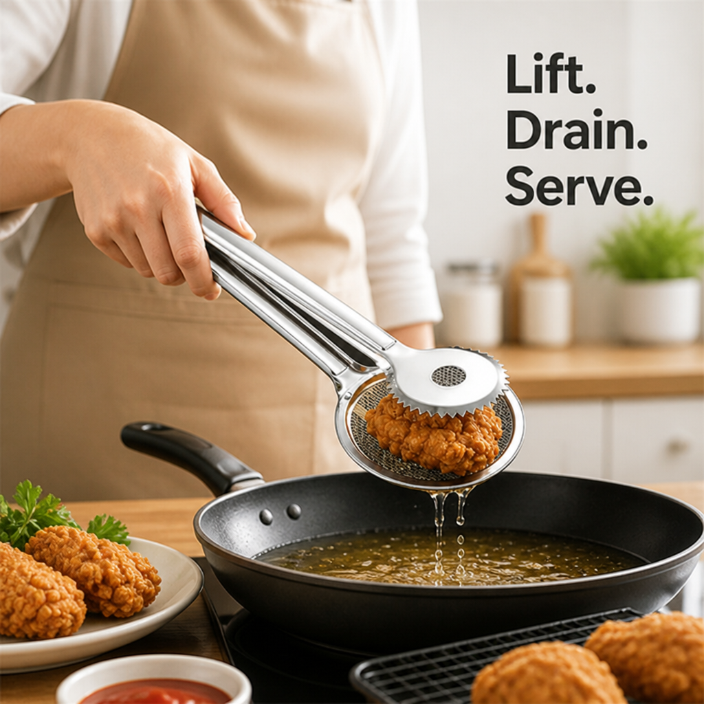 FryVanta™ Oil Filter Tongs — Fry Fearlessly with a Perfect Grip and Mess-Free Crispness Every Time