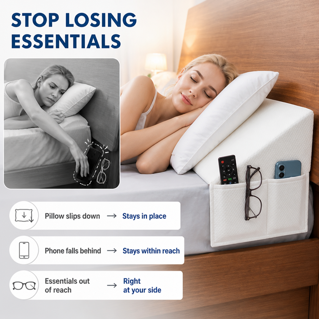 BedEase™ — Keep Pillows Put and Bedside Essentials Within Reach