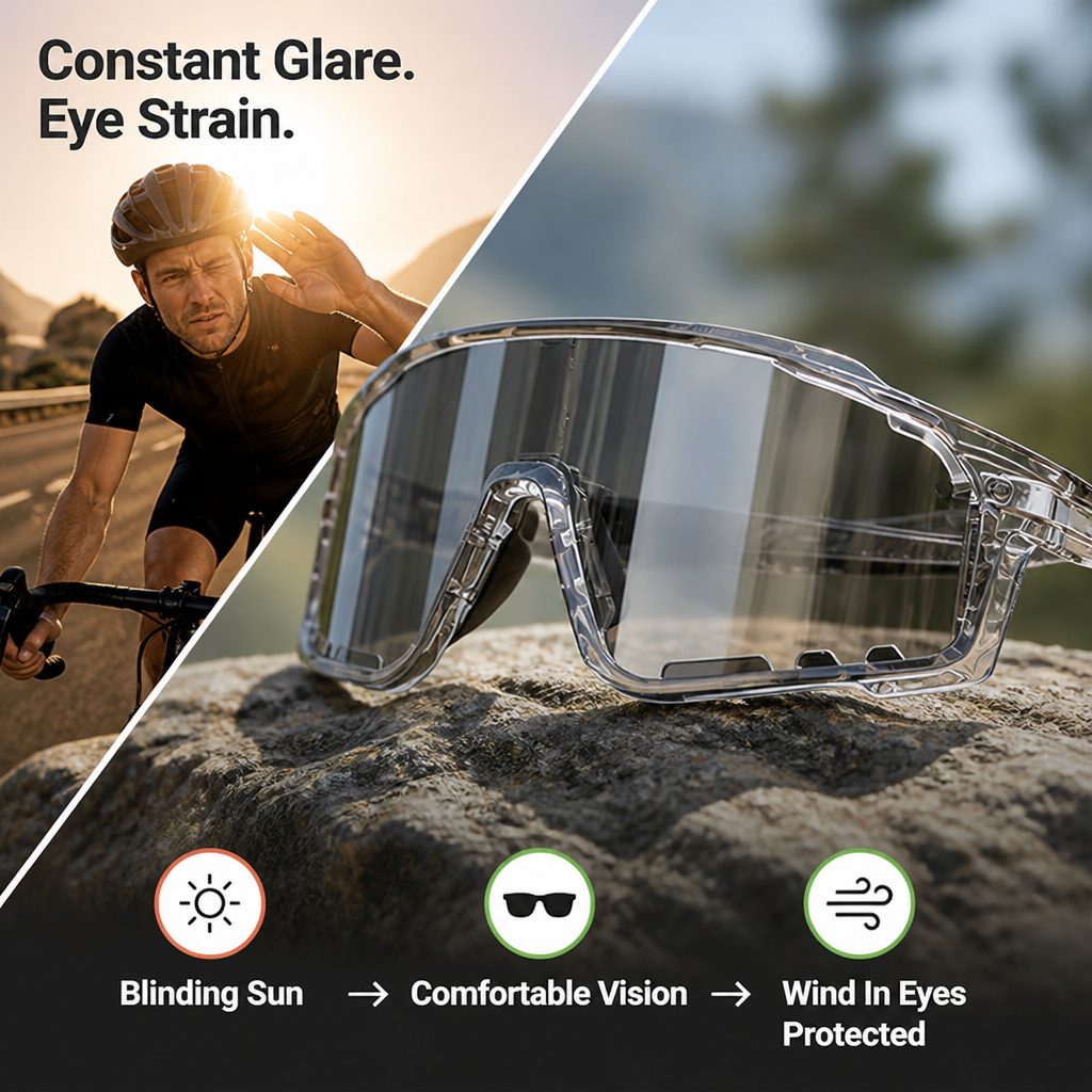 Glarevo™ — Ride comfortably through sun and shade without changing glasses