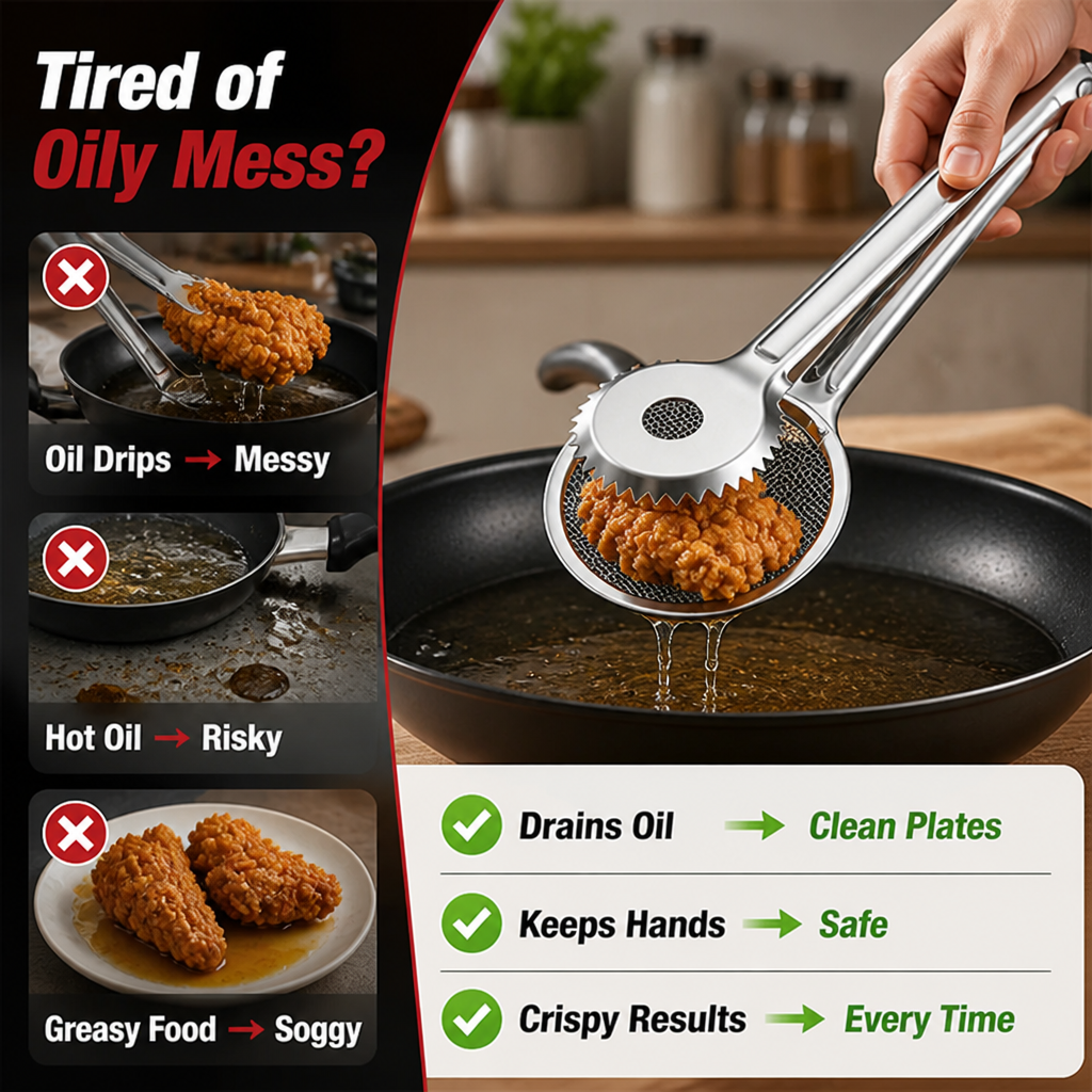 FryVanta™ Oil Filter Tongs — Fry Fearlessly with a Perfect Grip and Mess-Free Crispness Every Time