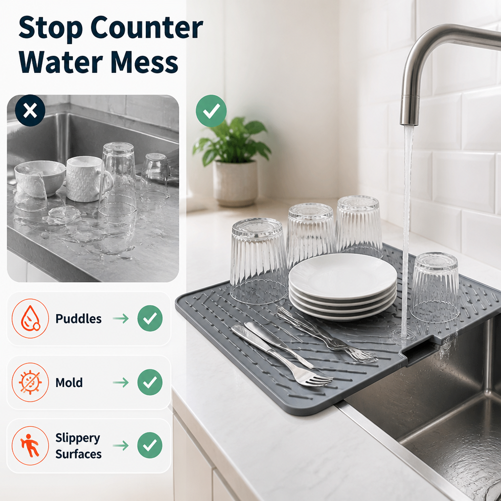 AquaFlow™ Silicone Drying Mat — Take Back Your Counter with Effortless, Splash-Free Drying