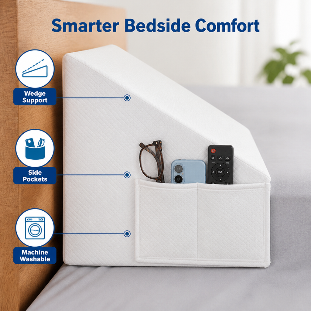BedEase™ — Keep Pillows Put and Bedside Essentials Within Reach