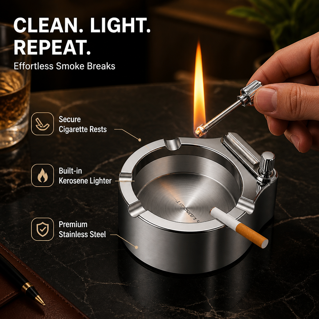 EmberEase™ — Command Every Smoke Break with Spotless Style and Instant Fire