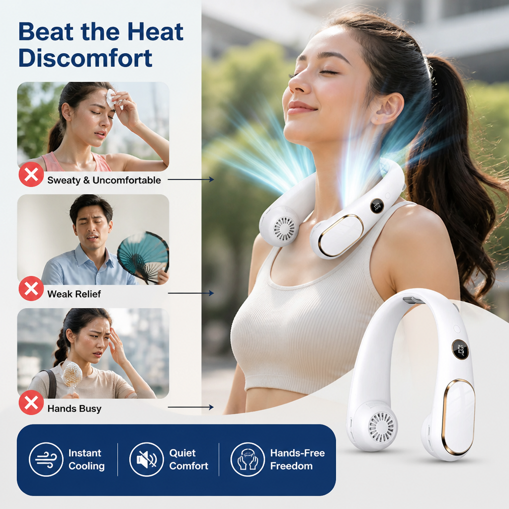 BreezeWave™ 360° Neck Fan — Stay Cool, Comfortable, and Confident All Day Long