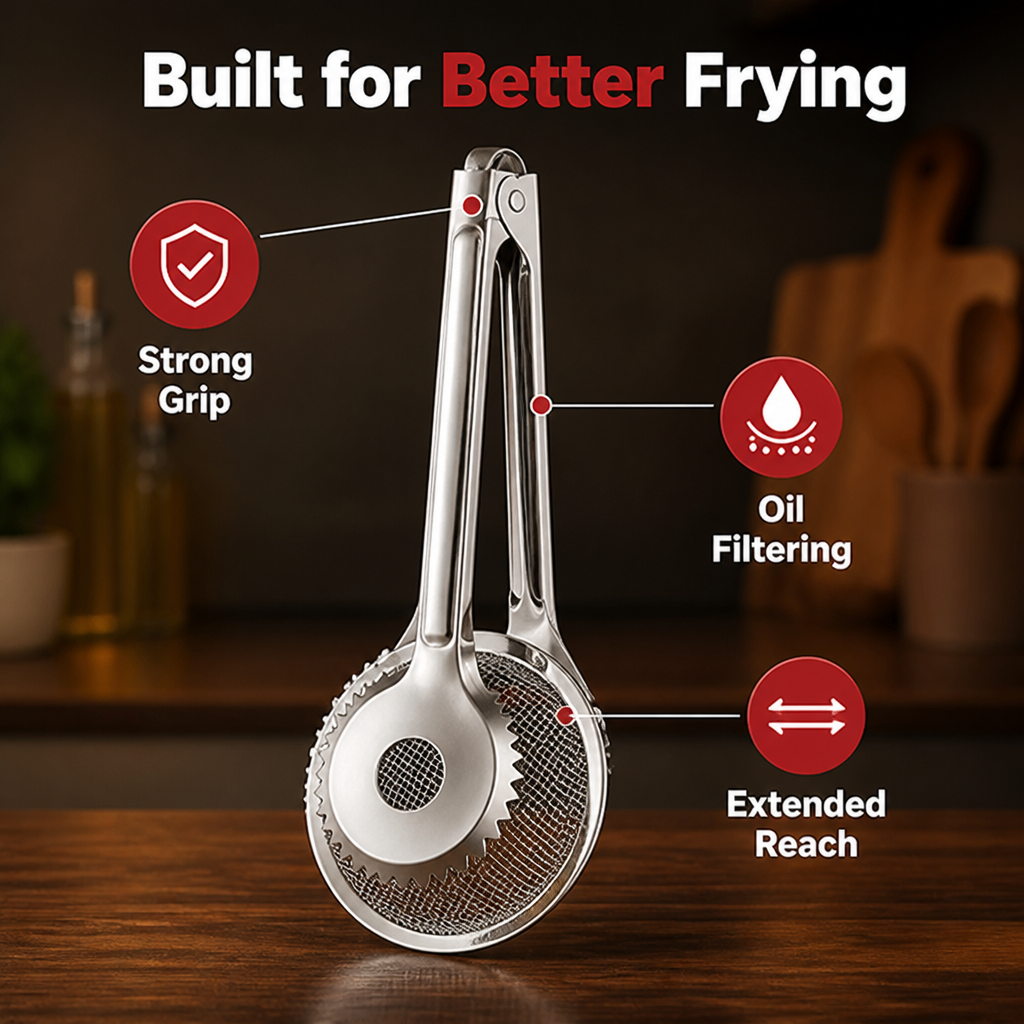 FryVanta™ Oil Filter Tongs — Fry Fearlessly with a Perfect Grip and Mess-Free Crispness Every Time