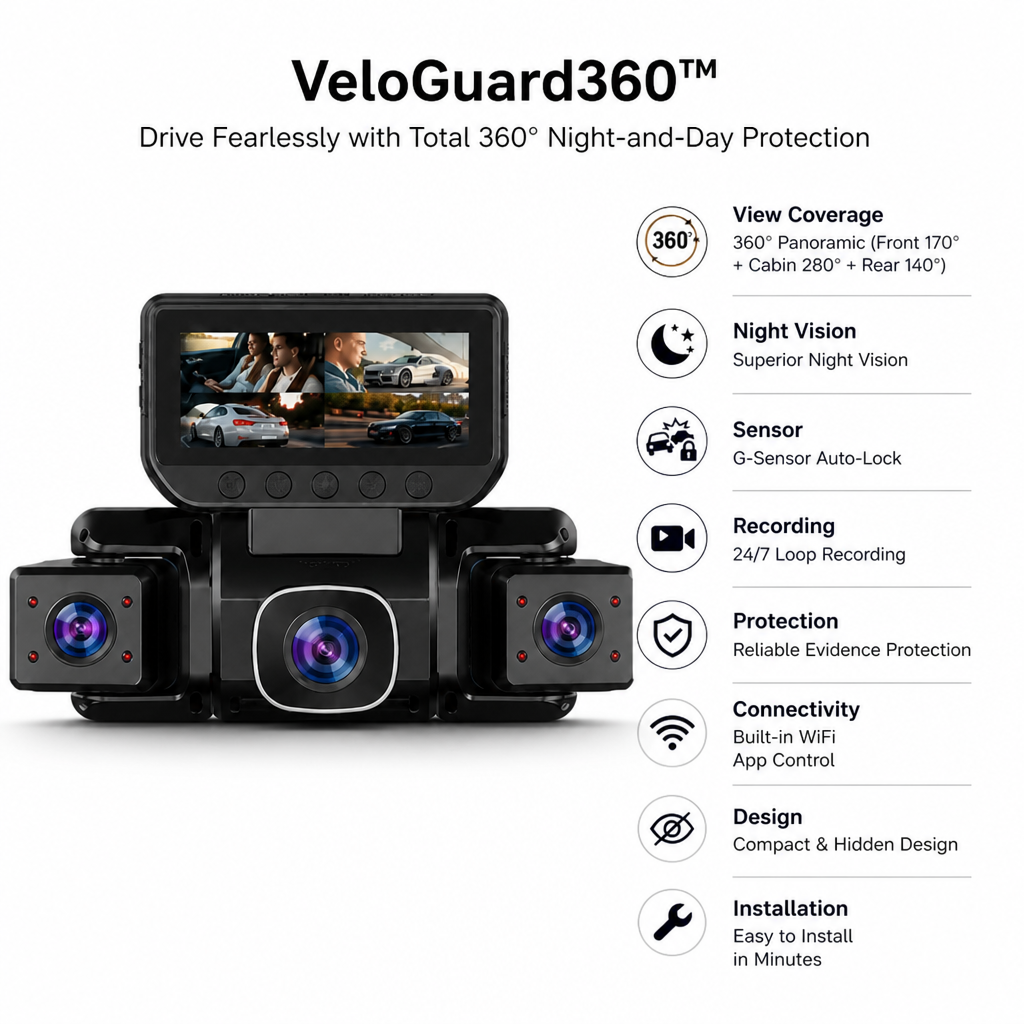 VeloGuard360™ — Drive Fearlessly with Total 360° Night-and-Day Protection