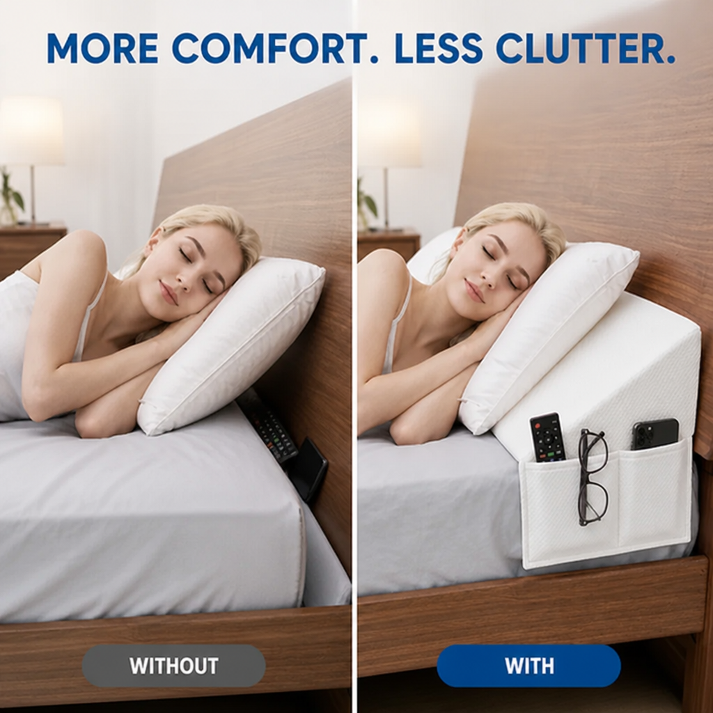 BedEase™ — Keep Pillows Put and Bedside Essentials Within Reach