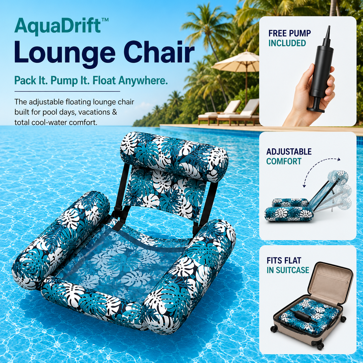 AquaSoothe™ Inflatable Pool Lounge Chair — Float Cool, Relax Upright, Shine Bright