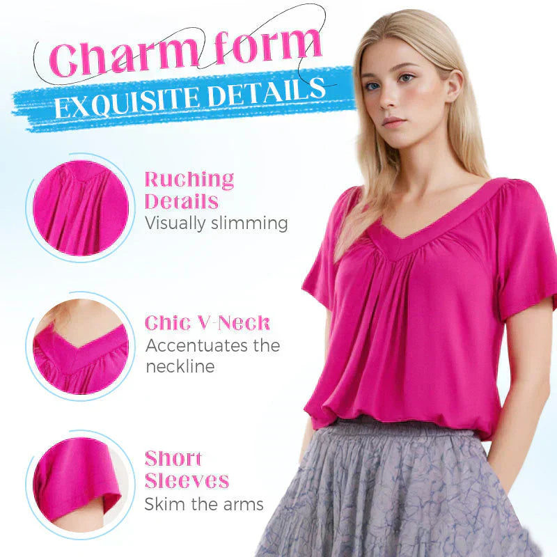 SerenaLuxe™ Pleated V-Neck Top — Sculpt Your Curves and Own Every Room with Effortless Style