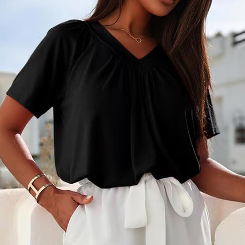 SerenaLuxe™ Pleated V-Neck Top — Sculpt Your Curves and Own Every Room with Effortless Style